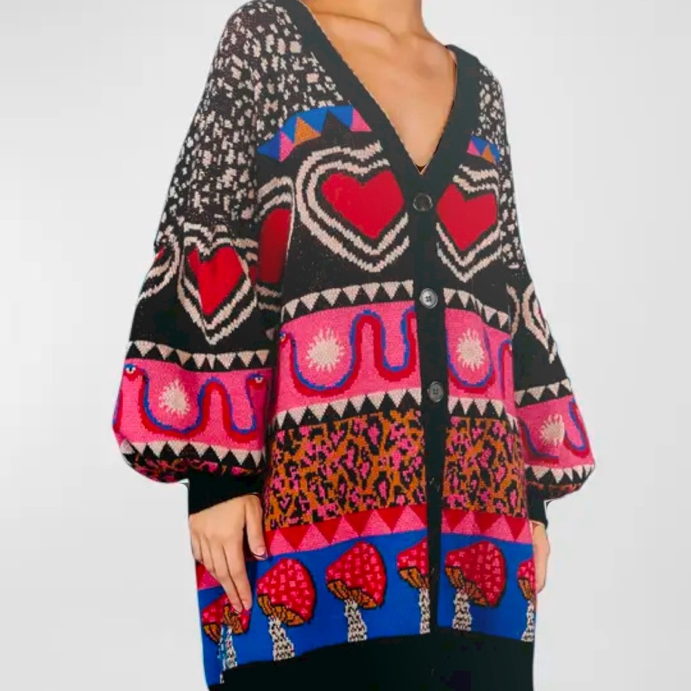 FARM Rio Black Multicolor Heart & Mushroom Knit Cardigan